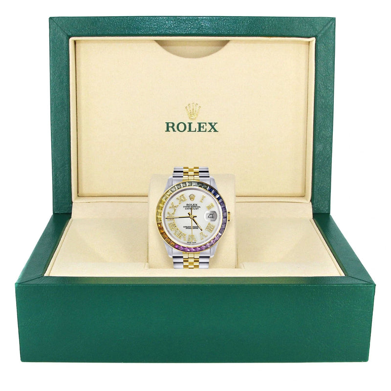 Diamond Gold Rolex Watch For Men 16233 | 36Mm | Rainbow Sapphire Bezel | Diamond White Roman Numeral Dial | Jubilee Band
