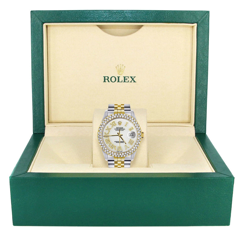 Diamond Gold Rolex Watch For Men 16233 | 36Mm | Diamond White Roman Numeral Dial | Two Row 4.25 Carat Bezel | Jubilee Band