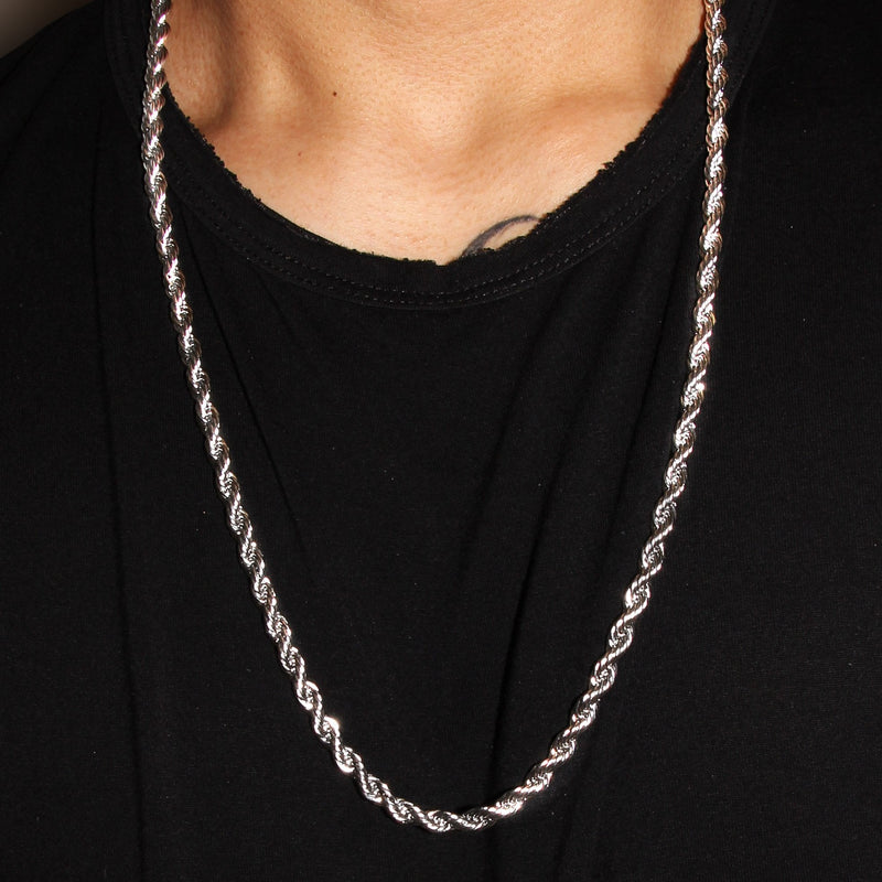 White Gold Plated Mens Solid Rope Chain