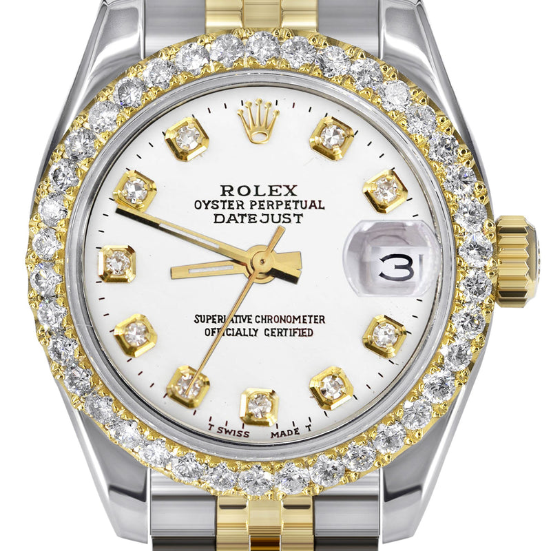 Womens Diamond Gold Hidden Clasp Rolex Watch | 1 Carat Bezel | 26Mm | White Dial | Jubilee Band | Model 179173