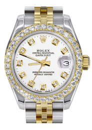 Womens Diamond Gold Hidden Clasp Rolex Watch | 1 Carat Bezel | 26Mm | White Dial | Jubilee Band | Model 179173