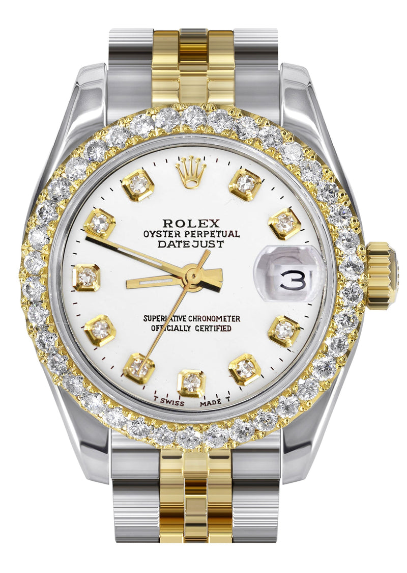 Womens Diamond Gold Hidden Clasp Rolex Watch | 1 Carat Bezel | 26Mm | White Dial | Jubilee Band | Model 179173