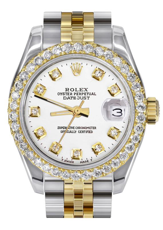 Womens Diamond Gold Hidden Clasp Rolex Watch | 1 Carat Bezel | 26Mm | White Dial | Jubilee Band | Model 179173