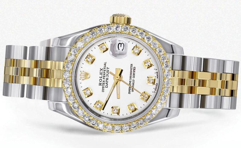 Womens Diamond Gold Hidden Clasp Rolex Watch | 1 Carat Bezel | 26Mm | White Dial | Jubilee Band | Model 179173