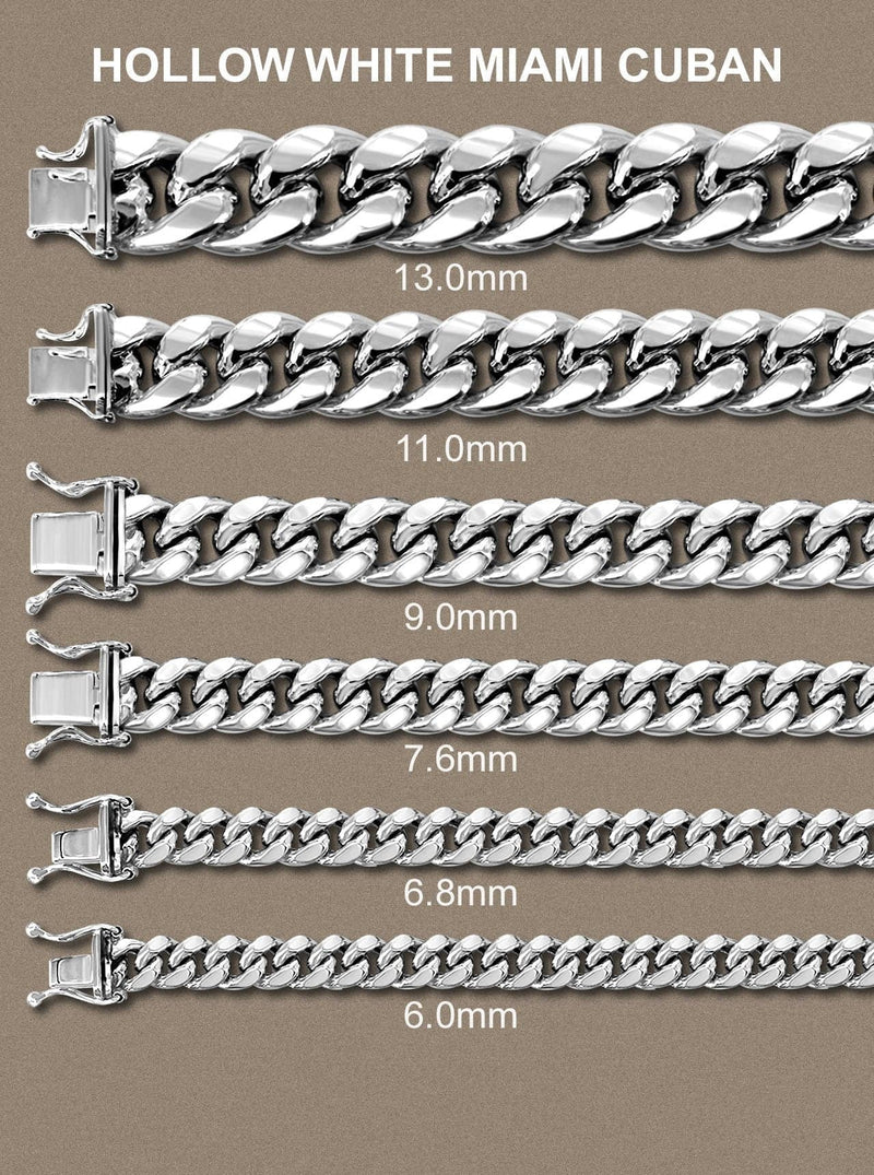 Mens Semi Solid  Miami Cuban Link Chain 10K White Gold