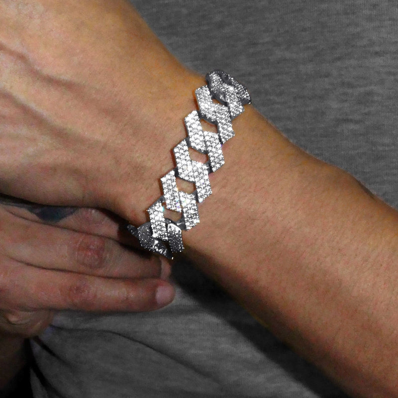 Iced Out White Gold Plated Mens Prong Set Cuban Link Bracelet