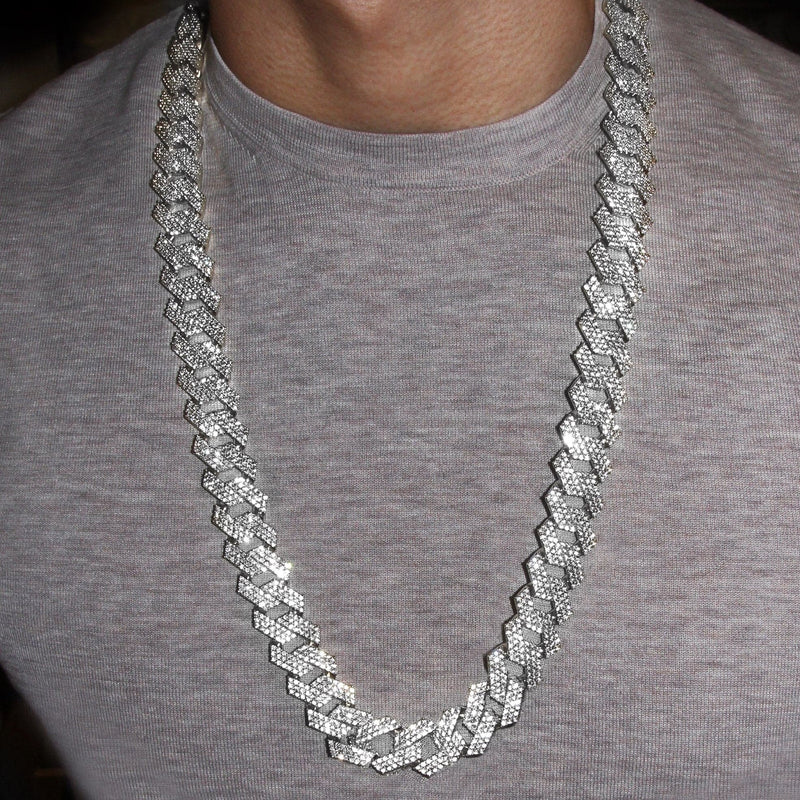 Iced Out White Gold Plated Mens Prong Set Cuban Link Chain