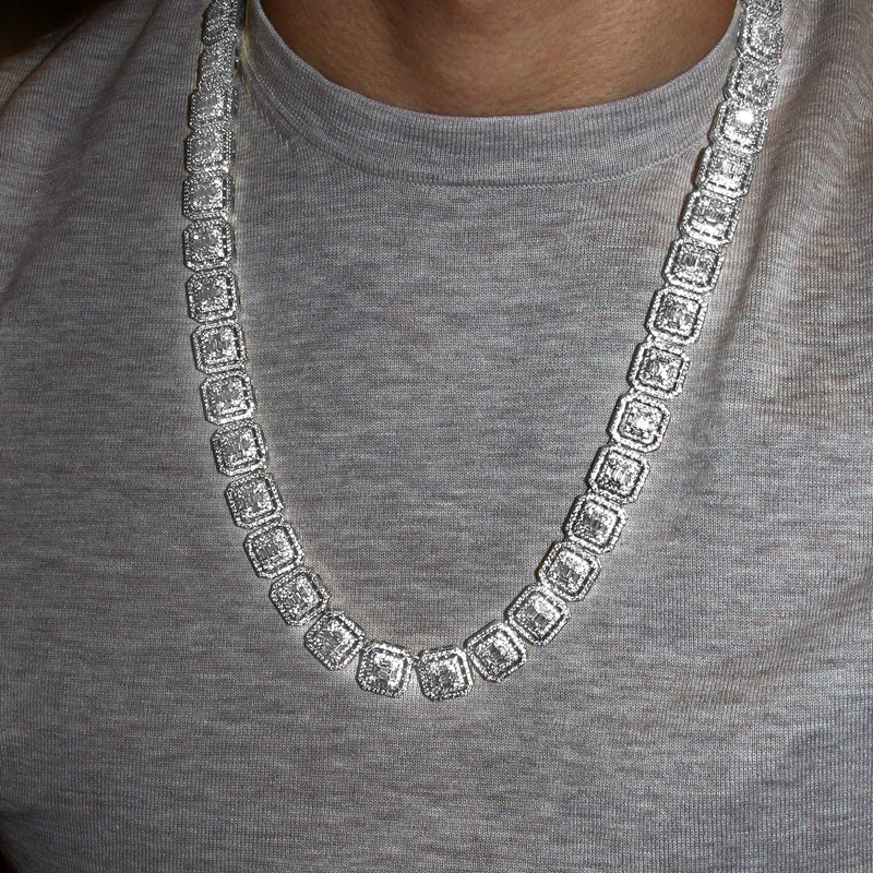 White Gold Plated Iced Out Square Cluster Tennis Chain