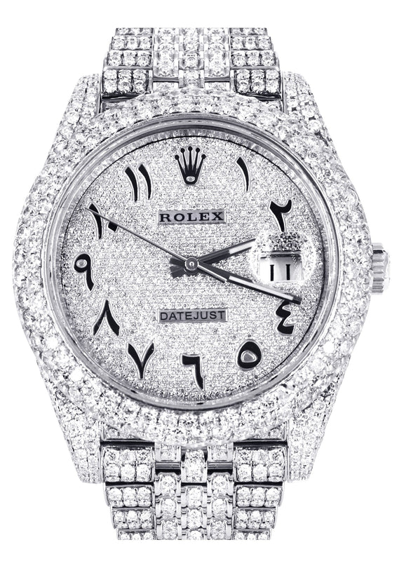 Womens Diamond Iced Out Rolex Datejust 41 | 25 Carats Of Diamonds | Custom Arabic Numeral Diamond Dial | Two Row | Jubilee Band