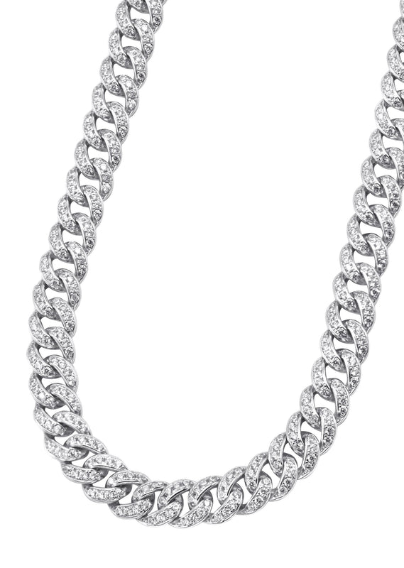 Silver Chain -  Single Row Iced Out Miami Cuban Link Chain