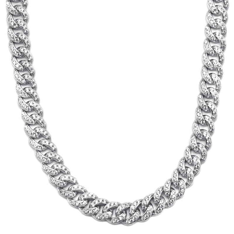 Silver Chain -  Single Row Iced Out Miami Cuban Link Chain