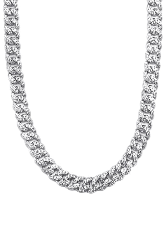 Silver Chain -  Single Row Iced Out Miami Cuban Link Chain