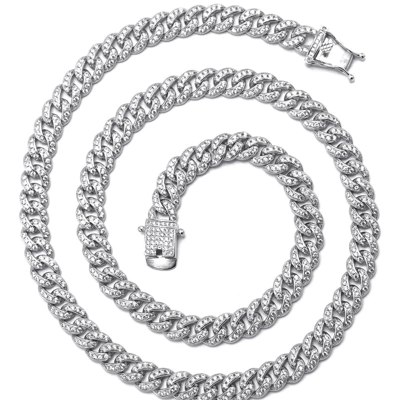 Silver Chain -  Single Row Iced Out Miami Cuban Link Chain