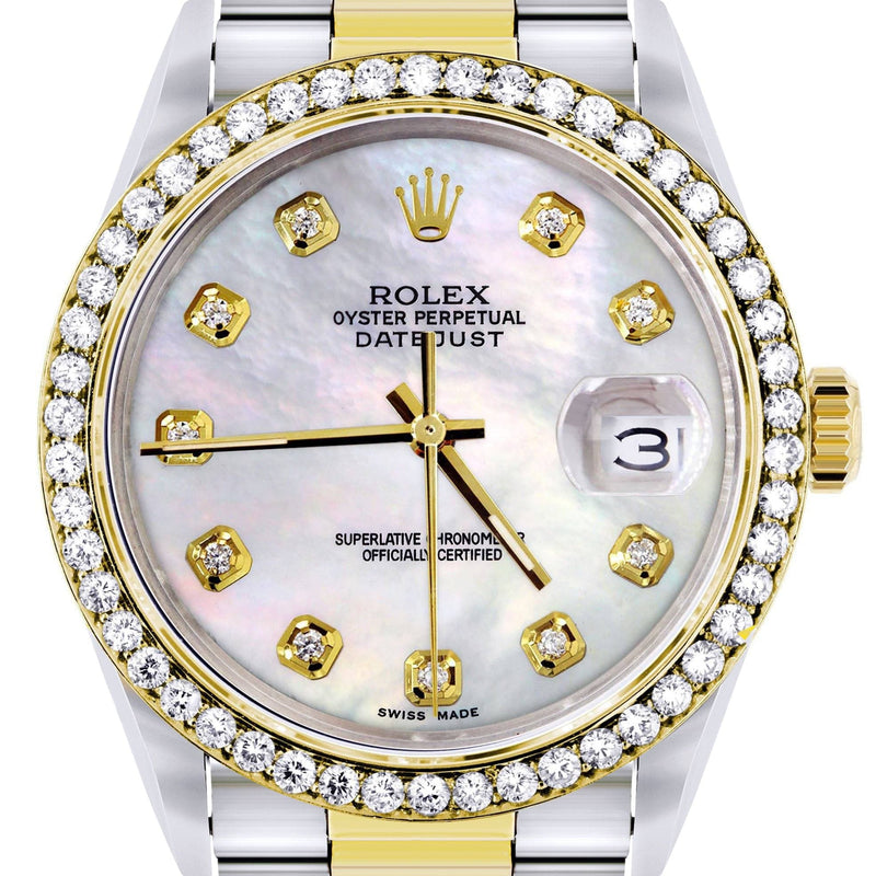 Diamond Gold Rolex Watch For Men 16233 | 36Mm | White Mother Of Pearl  | Oyster Band