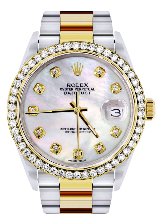 Diamond Gold Rolex Watch For Men 16233 | 36Mm | White Mother Of Pearl  | Oyster Band