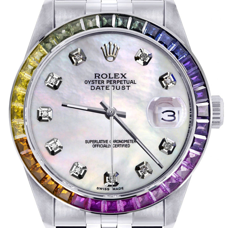 Diamond Gold Rolex Watch For Men 16200 | 36Mm | Rainbow Sapphire Bezel | Mother Of Pearl Dial | Jubilee Band