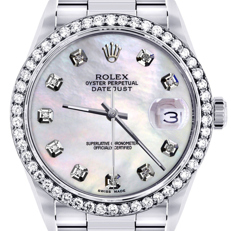 Diamond Mens  Rolex Datejust Watch 16200 | 36Mm | White Mother Of Pearl Dial | Oyster Band
