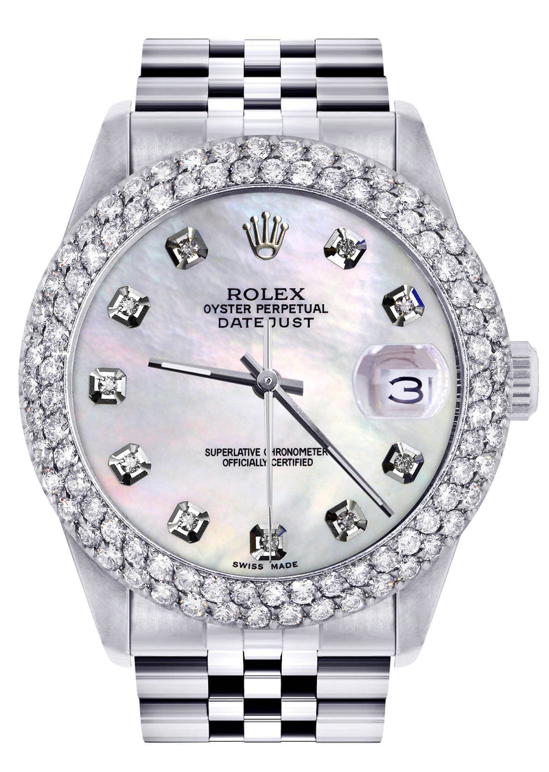 Mens Rolex Datejust Watch 16200 | 36Mm | White Mother of Pearl Dial | Two Row 4.25 Carat Bezel | Jubilee Band
