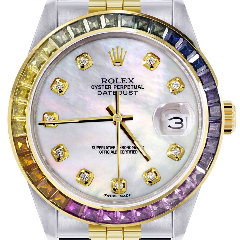 Diamond Gold Rolex Watch For Men 16233 | 36Mm | Rainbow Sapphire Bezel | Light Mother Of Pearl Dial | Jubilee Band