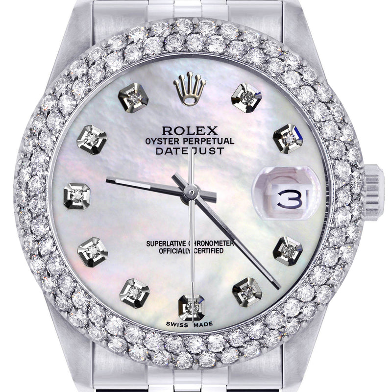 Womens Rolex Datejust Watch 16200 | 36Mm | White Mother of Pearl Dial | Two Row 4.25 Carat Bezel | Jubilee Band