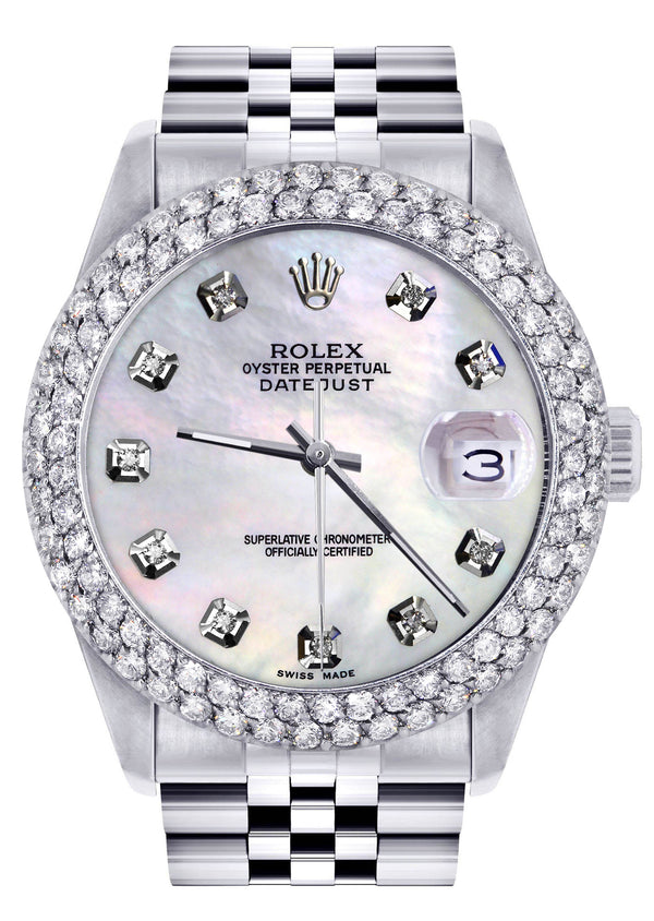 Womens Rolex Datejust Watch 16200 | 36Mm | White Mother of Pearl Dial | Two Row 4.25 Carat Bezel | Jubilee Band