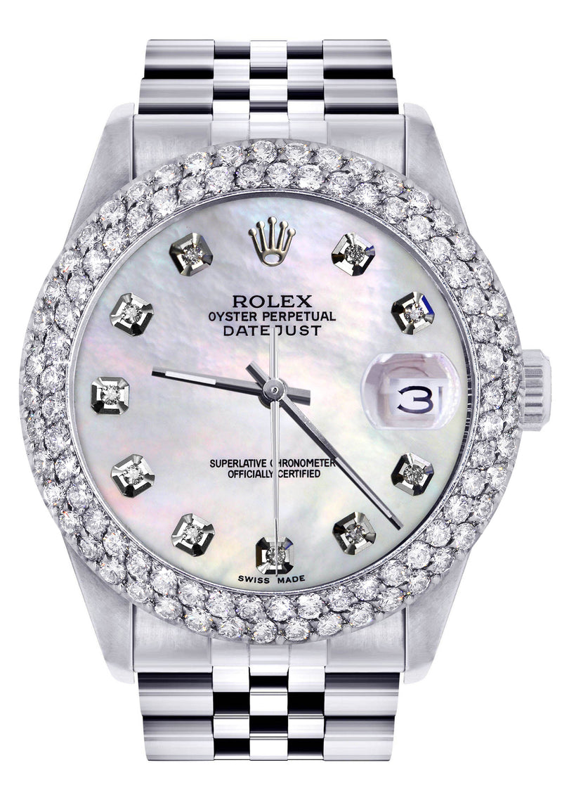 Womens Rolex Datejust Watch 16200 | 36Mm | White Mother of Pearl Dial | Two Row 4.25 Carat Bezel | Jubilee Band