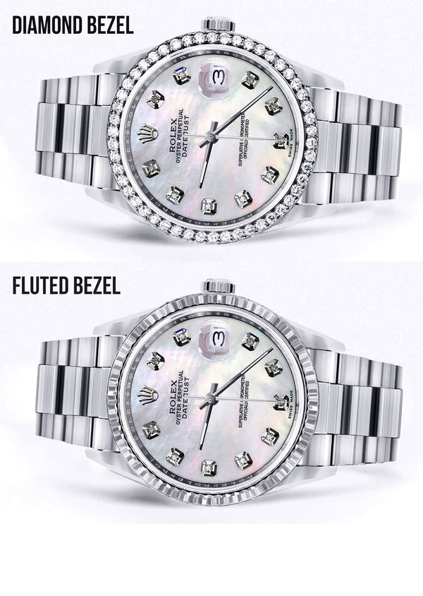 Diamond Mens  Rolex Datejust Watch 16200 | 36Mm | White Mother Of Pearl Dial | Oyster Band