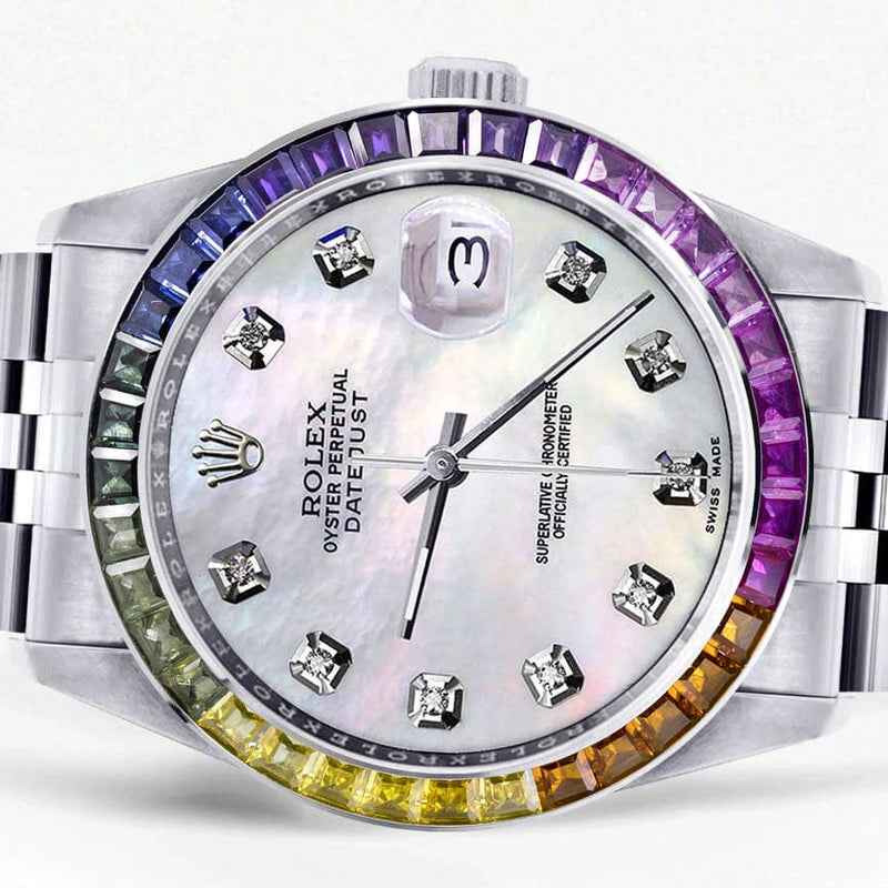 Diamond Gold Rolex Watch For Men 16200 | 36Mm | Rainbow Sapphire Bezel | Mother Of Pearl Dial | Jubilee Band