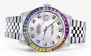 Diamond Gold Rolex Watch For Men 16200 | 36Mm | Rainbow Sapphire Bezel | Mother Of Pearl Dial | Jubilee Band