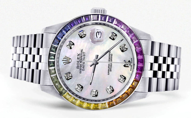Diamond Gold Rolex Watch For Men 16200 | 36Mm | Rainbow Sapphire Bezel | Mother Of Pearl Dial | Jubilee Band