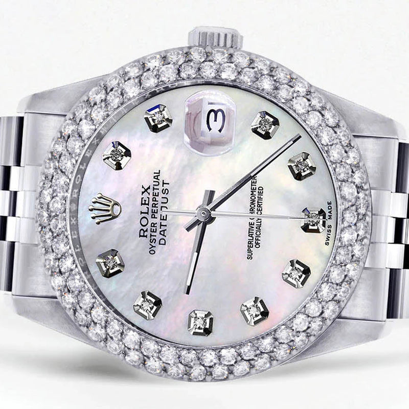 Womens Rolex Datejust Watch 16200 | 36Mm | White Mother of Pearl Dial | Two Row 4.25 Carat Bezel | Jubilee Band