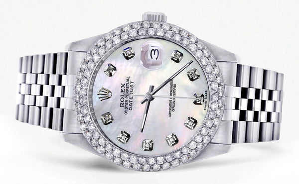 Womens Rolex Datejust Watch 16200 | 36Mm | White Mother of Pearl Dial | Two Row 4.25 Carat Bezel | Jubilee Band