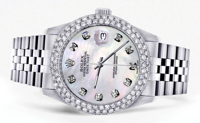 Womens Rolex Datejust Watch 16200 | 36Mm | White Mother of Pearl Dial | Two Row 4.25 Carat Bezel | Jubilee Band
