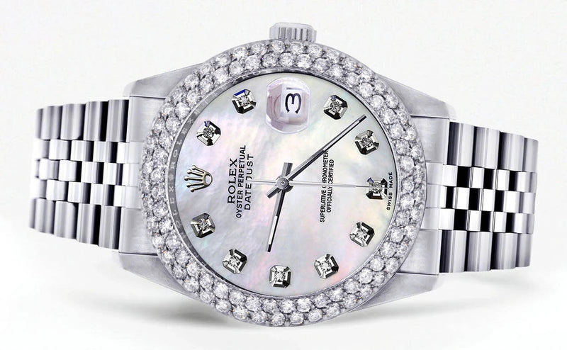 Mens Rolex Datejust Watch 16200 | 36Mm | White Mother of Pearl Dial | Two Row 4.25 Carat Bezel | Jubilee Band
