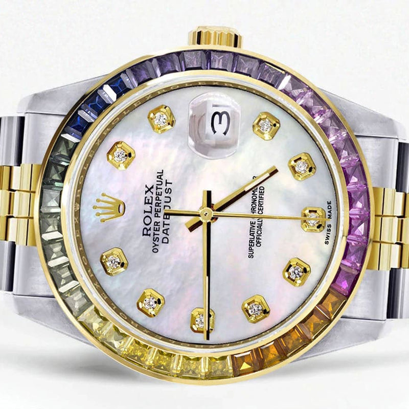 Diamond Gold Rolex Watch For Men 16233 | 36Mm | Rainbow Sapphire Bezel | Light Mother Of Pearl Dial | Jubilee Band
