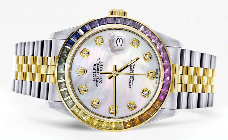Diamond Gold Rolex Watch For Men 16233 | 36Mm | Rainbow Sapphire Bezel | Light Mother Of Pearl Dial | Jubilee Band