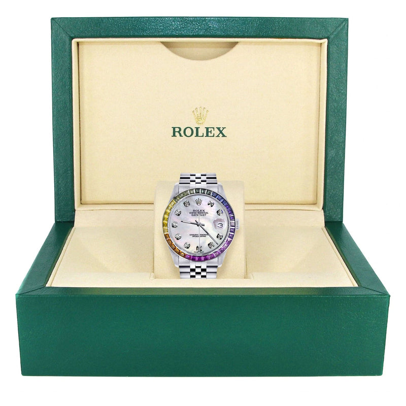 Diamond Gold Rolex Watch For Men 16200 | 36Mm | Rainbow Sapphire Bezel | Mother Of Pearl Dial | Jubilee Band