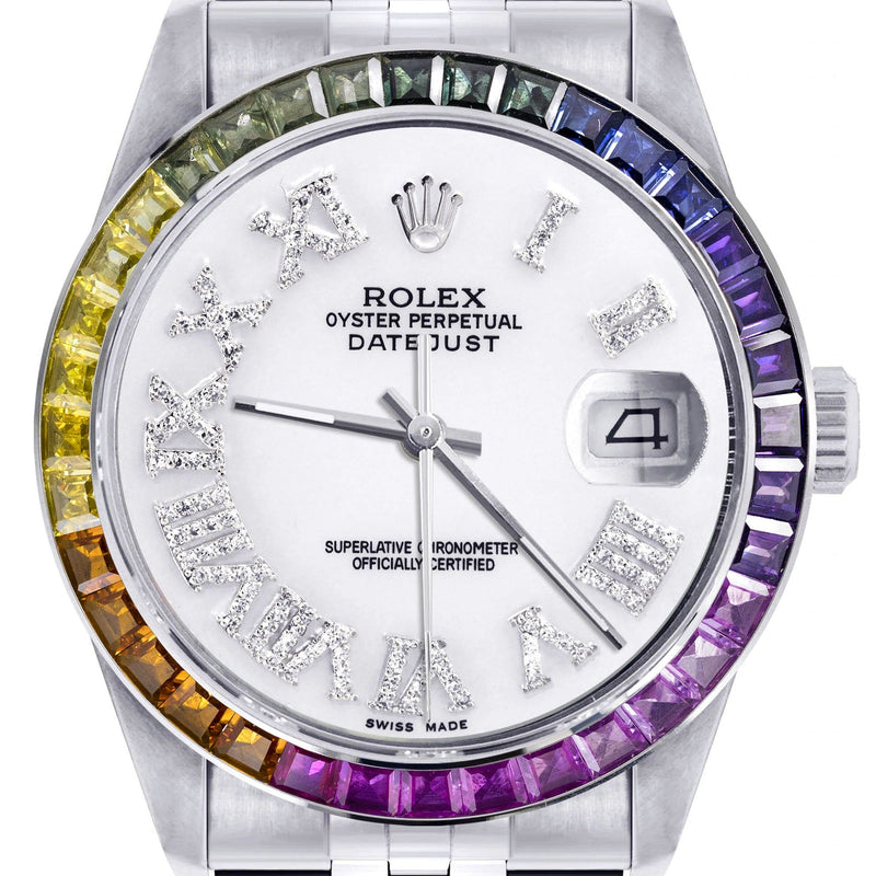 Diamond Gold Rolex Watch For Men 16200 | 36Mm | Rainbow Sapphire Bezel | White Roman Numeral Dial | Jubilee Band