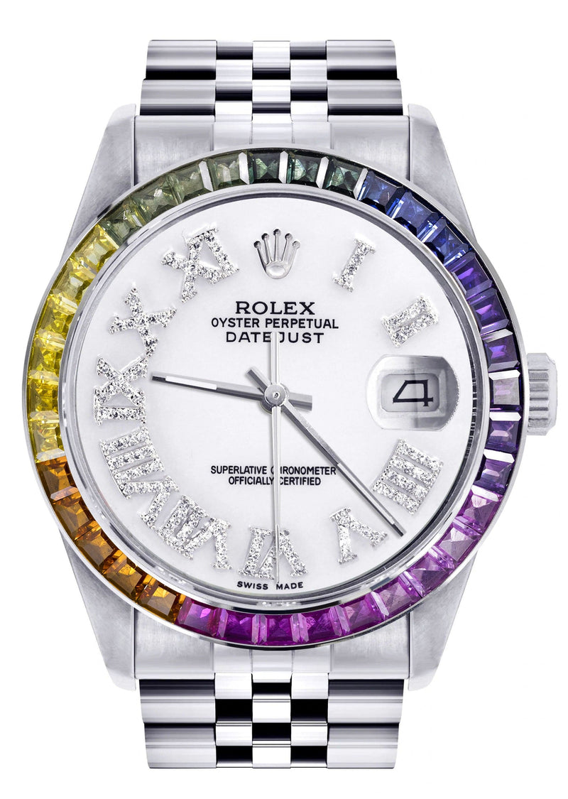 Diamond Gold Rolex Watch For Men 16200 | 36Mm | Rainbow Sapphire Bezel | White Roman Numeral Dial | Jubilee Band