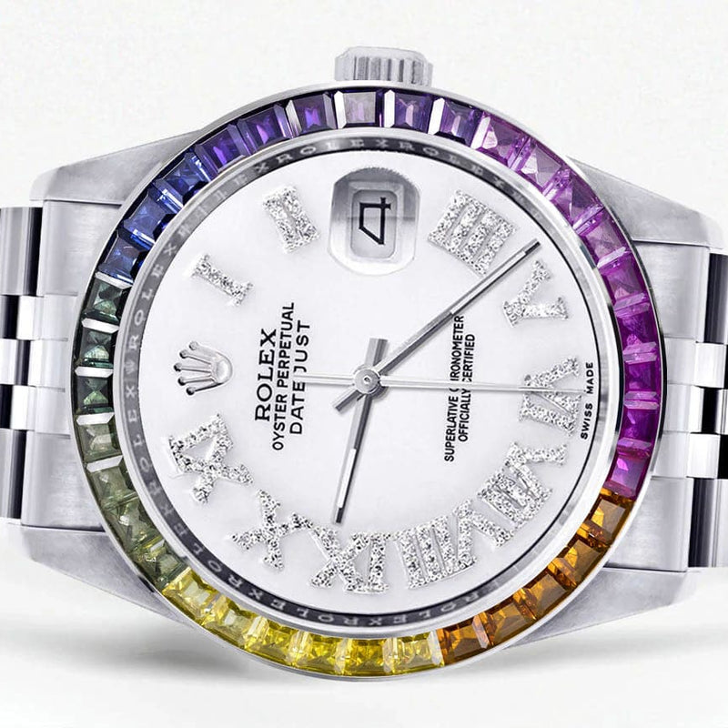 Diamond Gold Rolex Watch For Men 16200 | 36Mm | Rainbow Sapphire Bezel | White Roman Numeral Dial | Jubilee Band