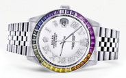 Diamond Gold Rolex Watch For Men 16200 | 36Mm | Rainbow Sapphire Bezel | White Roman Numeral Dial | Jubilee Band