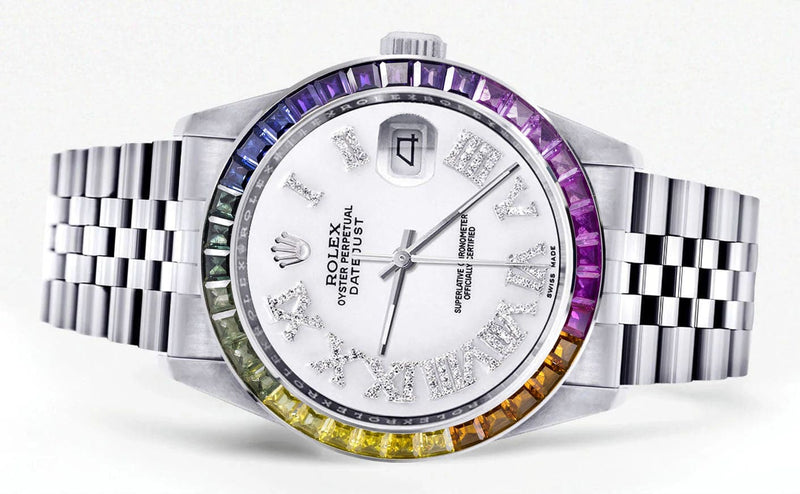 Diamond Gold Rolex Watch For Men 16200 | 36Mm | Rainbow Sapphire Bezel | White Roman Numeral Dial | Jubilee Band