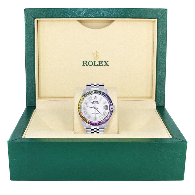 Diamond Gold Rolex Watch For Men 16200 | 36Mm | Rainbow Sapphire Bezel | White Roman Numeral Dial | Jubilee Band