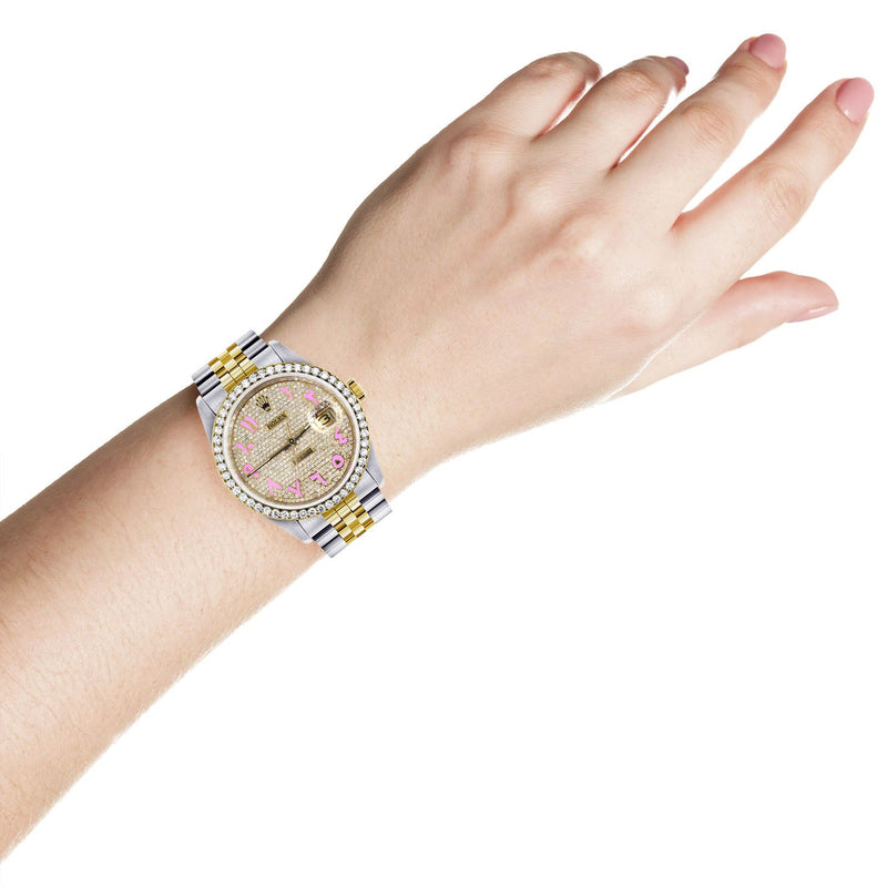 Womens Gold Rolex Watch 16233 | 36Mm | Custom Pink Arabic Full Diamond Dial | Jubilee Band