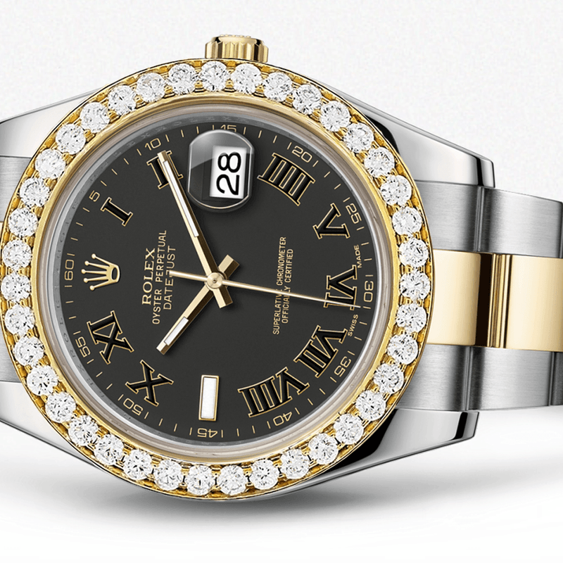Rolex Datejust Ii Black Dial - Black And Gold Roman Numerals With 5 Carats Of Diamonds