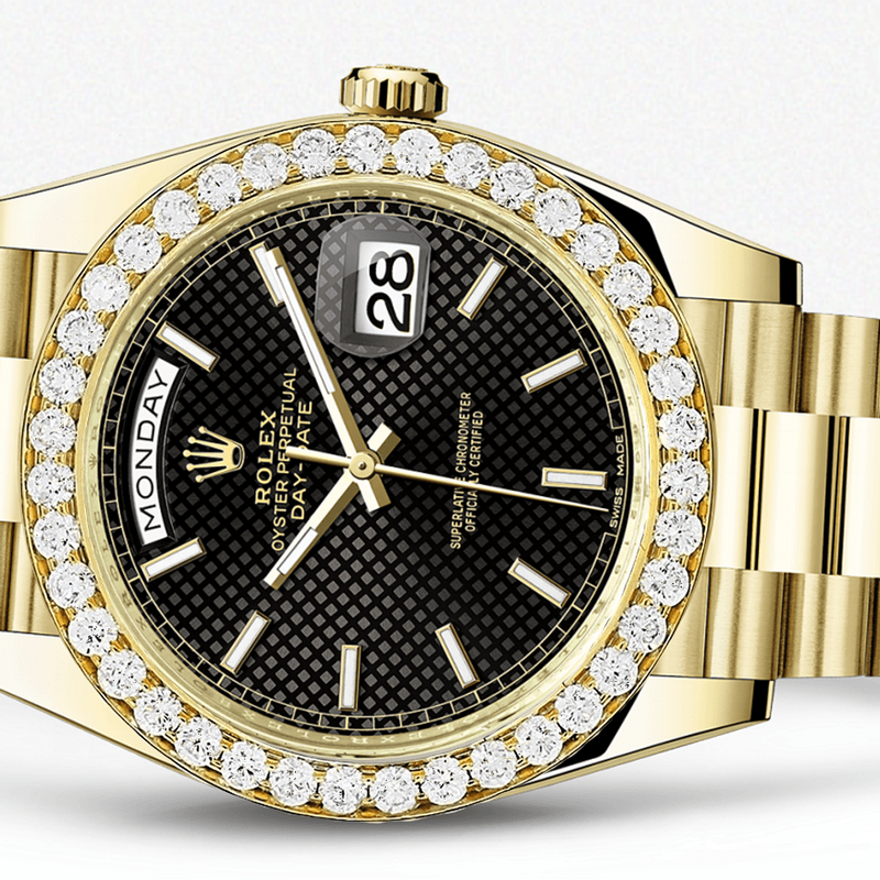 Rolex Day Date 40 Presidential Black Diagonal Motif Dial - Index Hour Markers With 4 Carats Of Diamonds