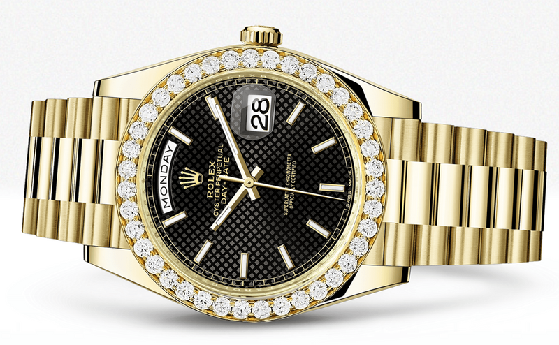 Rolex Day Date 40 Presidential Black Diagonal Motif Dial - Index Hour Markers With 4 Carats Of Diamonds