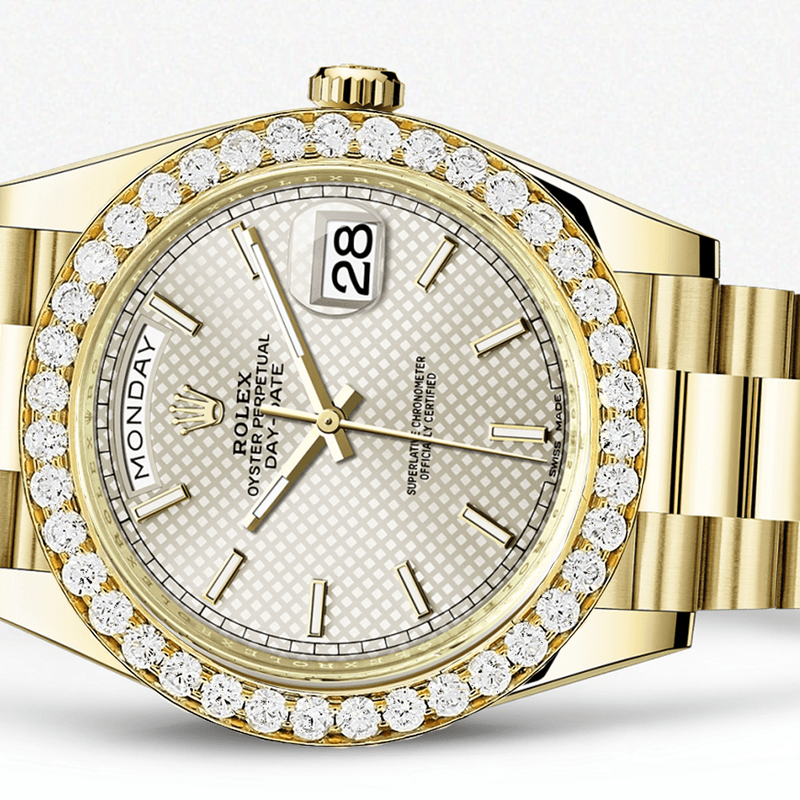 Rolex Day Date 40 Presidential Champagne Diagonal Motif Dial- Index Hour Markers With 4 Carats Of Diamonds