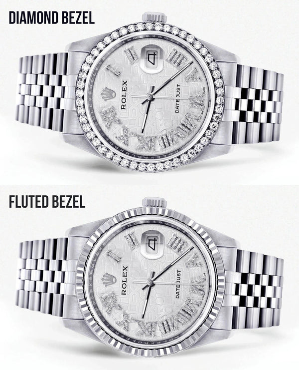 Diamond Mens Rolex Datejust Watch 16200 | 36Mm | Diamond Rolex Textured Roman Numeral Dial | Jubilee Band