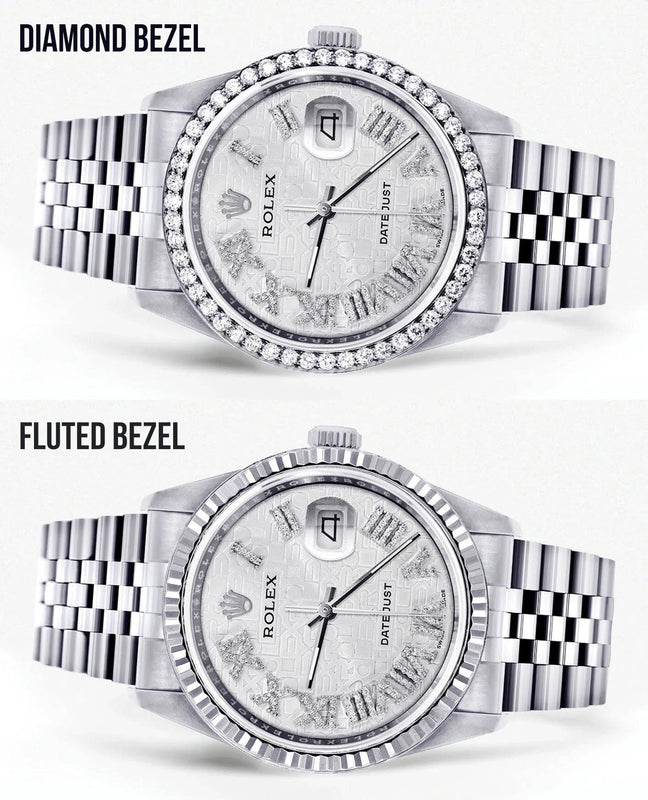 Diamond Mens Rolex Datejust Watch 16200 | 36Mm | Diamond Rolex Textured Roman Numeral Dial | Jubilee Band